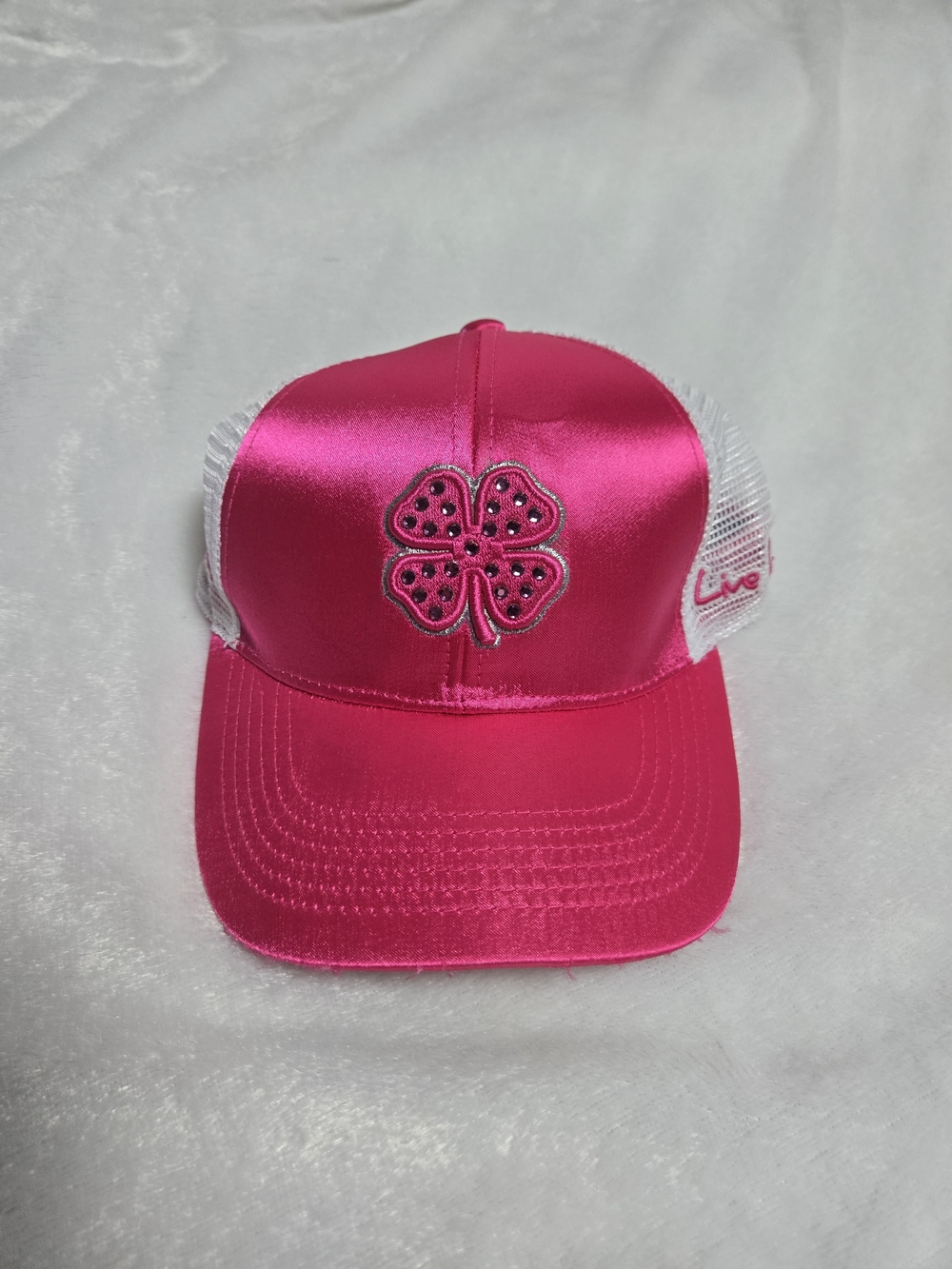 Hot Pink Satin Trucker Hat with Clover Patch